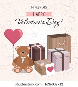 Valentine's Day. Teddy bear, balloon and gifts isolated on heart shaped  background. Vector Illustration