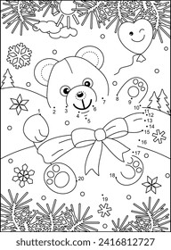 Valentine's Day teddy bear with big heart full page connect the dots puzzle and coloring page
