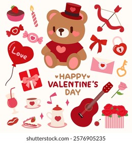 Valentine's Day Teddy Bear and Love-Themed Elements Collection. Valentine's Day clipart set featuring a teddy bear, love symbols, and festive elements like gifts, hearts, rosesand sweet treats.