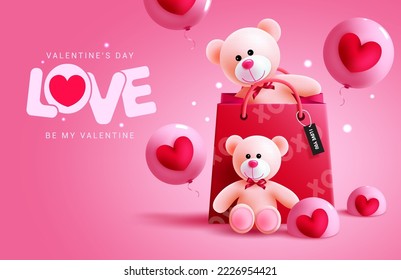 Diseño vectorial de osos de peluche de San Valentín. Feliz día de San Valentín texto de amor con lindo oso de peluche para sorpresivo regalo romántico presente en el fondo rosado. Ilustración vectorial.