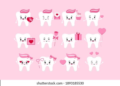 Valentines day teeth dental icon set isolated. Dentist cute white tooth character in love with heart, gift, balloon, rose, letter, cupcake. Flat design cartoon vector dentistry clip art illustration.