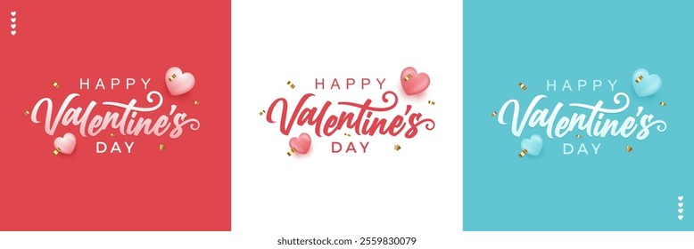 Valentine's day template or background with handwritten style and decorated hearts on red, white and light blue background