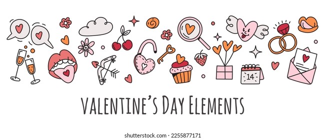 Valentines day template banner with elements,symbols in doodle style.Romantic vector illustration of heart,love,padlock and tape for 14 February on white background.Frame pattern in long format