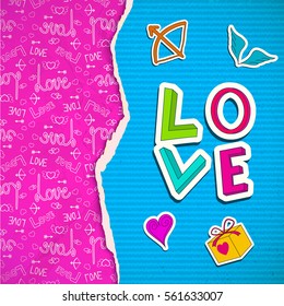 Valentines day template with blue striped torn paper cartoon elements and purple icons background vector illustration