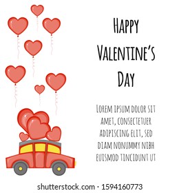 Valentine's Day template with car. Cartoon style. Vector illustration