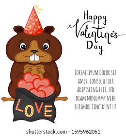 Valentine's Day template with cute beaver. Cartoon style. Vector illustration
