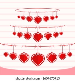 Valentine's Day template design. 3 lines cute Red Hearts hanging on simple pink background like a cake concept vector illustration.