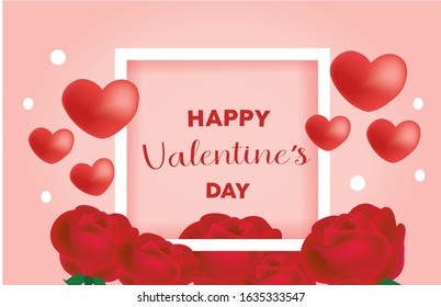 Valentines day template with frame. Happy Valentines day greeting text with hearts shape elements, rose, and decorations in pink background. Cute Vector illustration
