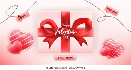 Valentine's Day Template gift box with a red ribbon, hearts, and bubble chat text. festive promotions, love-themed events, banner, or gifting campaigns