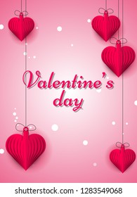 Valentine's Day template or greeting card design with paper origami of heart shapes hanging on glossy pink background.