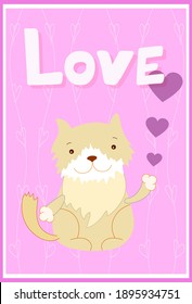 Valentine's day template greeting card with cute cat. Happy Valentine's day, Love you text. Holiday concept. Vector illustration for design.