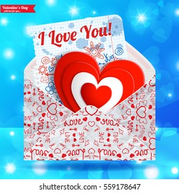 Valentines day template with greeting envelope red heart paper letter text on light blue background vector illustration