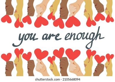 Valentine's Day template of hand-drawn doodle-style elements. Freedom. You are enough. Hands of different races with red hearts. Vector image of people for the holiday on a white background. 