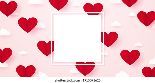 Valentine's day, template for love concept, red paper heart floating in the sky with cloud, paper art style, blank space for text and frame, banner background