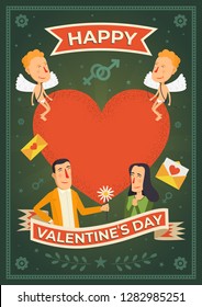 Valentine's Day. Template for poster, banner or invitation. Man gives a woman a flower on the background of hearts and cupids. Vector illustration