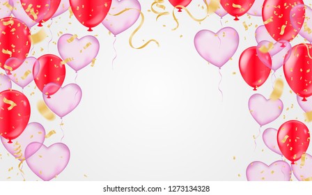 Valentine's day ,Template Realistic Air Balloons in the Form of Heart. Vector Illustration with Confetti and Serpentine