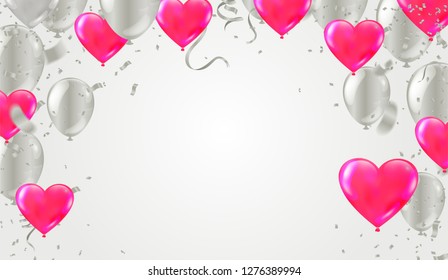 Valentine's day ,Template Realistic Air Balloons in the Form of Heart. Vector Illustration with Confetti and Serpentine