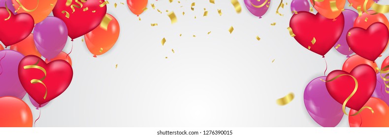 Valentine's day ,Template Realistic Air Balloons in the Form of Heart. Vector Illustration with Confetti and Serpentine