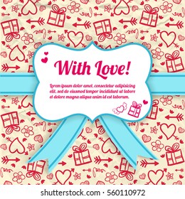 Valentines day template with ribbon bow frame text on sketch icons crumpled paper seamless pattern vector illustration