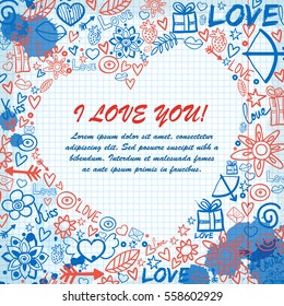 Valentines day template with text love confession ink stains hand drawn elements on paper note vector illustration