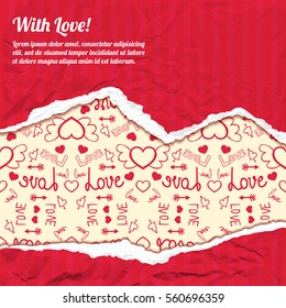 Valentines day template with text red torn crumpled paper and icons light pattern vector illustration