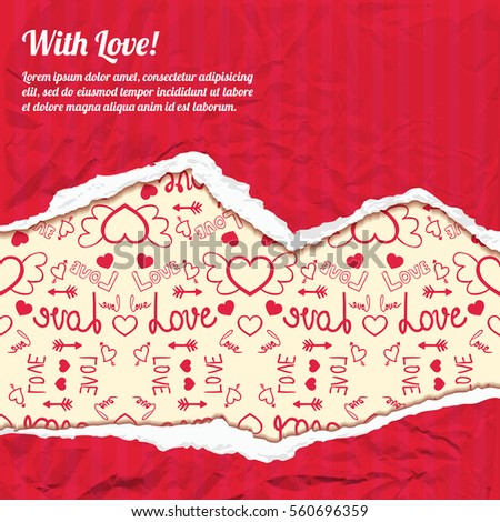 Valentines day template with text red torn crumpled paper and icons light pattern vector illustration