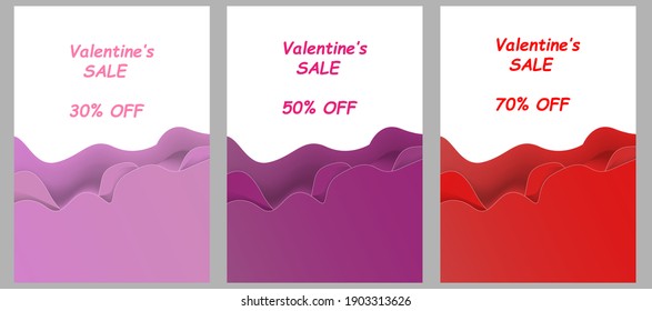 Diseño vectorial de plantilla de San Valentín para afiches, presentación corporativa, portafolio, volante, infografía, diseño moderno con colores rosados y rojos. Conjunto de tres fondos vectoriales. EPS 10.