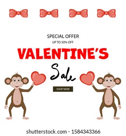 Valentine's Day template for your text with cute monkey. Cartoon style. Vector illustration