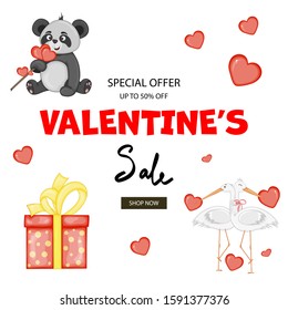 Valentine's Day template for your text with cute animals. Cartoon style. Vector illustration