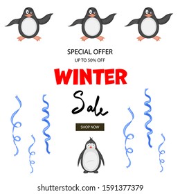 Valentine's Day template for your text with cute penguins. Cartoon style. Vector illustration