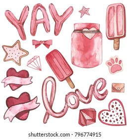 Texto del Día de San Valentín Globo-Amor. Vector Watercolor conjunto de elementos para el día de San Valentín. Elementos de diseño de cuadernillo. Póster de tipografía, tarjeta, etiqueta, juego de banner.