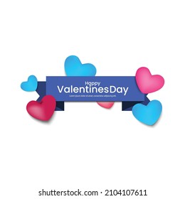 Valentine's Day text with colorful hearts on ribbon and white background.