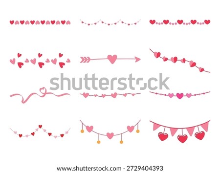 Valentine's Day text divider set. Vector pink heart garlands and arrows for romantic paragraph separation