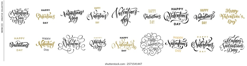 Valentine's Day text greetings and lettering designs. Elegant, artistic vector elements for holiday cards, love-themed postcards, and sale or promo banner on Valentines day.