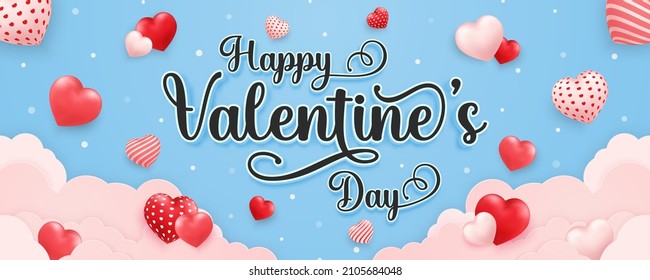 Valentine's day text horizontal banner template with heart shapes and cloud on blue background