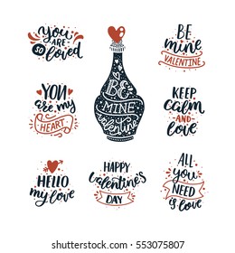 Valentines day text with Love potion. Be mine valentine. Red and black. Vector typography for design posters, stamp design, line art, tattoo romantic quotes