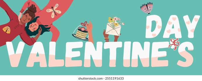  Valentine's Day text. Love story, relationship, couple. Vector background, backdrop for Valentines Day.  Flyer, invitation, sticker, banner. Vector illustration.
