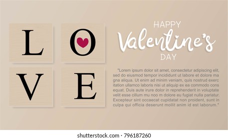 Valentine's day with text on a wooden frame LOVE, vector illustration.  