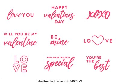 Valentine's Day Text Set, Isolated Valentine's Text, Valentine's Background, Happy Valentine's Day, Love Text, Be Mine Text, XOXO, Love You, Greeting Card Vector Illustration Background