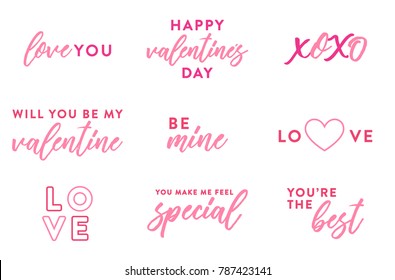 Valentine's Day Text Set, Isolated Valentine's Text, Valentine's Background, Happy Valentine's Day, Love Text, Be Mine Text, XOXO, Love You, Greeting Card Vector Illustration Background