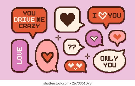 Valentines day text speech bubbles set in vintage PC pixelated style. Vector isolated elements. 14 February icons, message chats, conversation frames. Pixel art 8 bit design. Grungy rough design