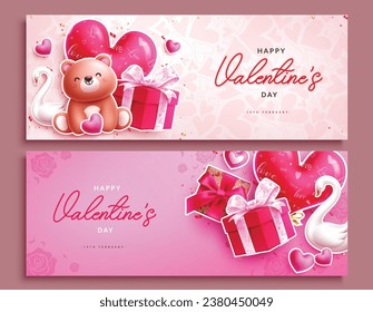 Valentine's day text vector banner set. Happy valentine's day greeting card with gift box, swan and heart balloon decoration elements for love message dedication collection. Vector illustration hearts