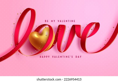 Valentine's day text vector design. Love font using red ribbon element with gold heart balloon decoration in pink background. Vector Illustration.