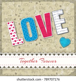 Valentines day textile composition with big letters combined in word love in different colors vector illustration
