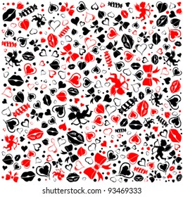 Valentine's Day Texture with Hearts, Cupid and Decoration Element, vector illustration
