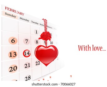 Valentine`s day theme with calendar and gift heart, copyspace