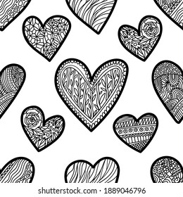 Valentines Day theme coloring book. doodle antistress hand drawn mail letter with heart shape and text I Love You. Zen tangle style, Greeting card. Seamless pattern