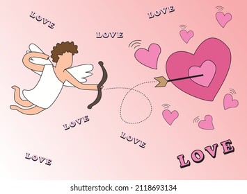Valentine's Day theme with cupid, heart-shaped arrow panels and the word love.