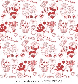 Valentine's Day theme doodle seamless pattern. Red hand drawn sketch doodle illustration. Traditional romantic symbols: heart shapes, cupid, arrows, gift box, desserts, love letters. 