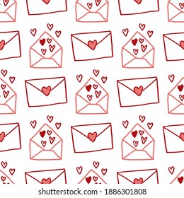 Valentines Day theme doodle Seamless pattern of hand drawn mail letter with heart shape and text I Love You. Greeting card, wallpaper.